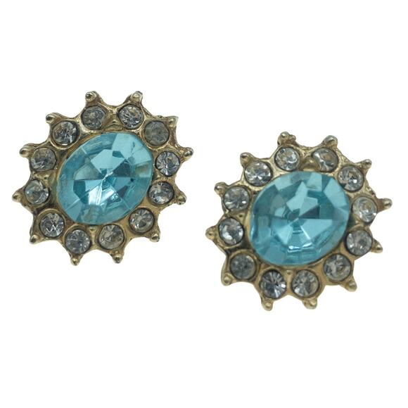 Vintage Aqua Blue Rhinestone Sunburst Stud Earrings - Picture 4 of 11